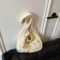 Chic cream knit shoulder bag with colorful beads for beach and daily summer commute - White
