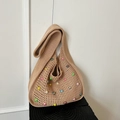 Handmade crochet tote bag in beige with colorful pearls for summer beach vacations - Khaki