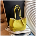 Chic lime green lychee pattern leather tote bag with stylish long shoulder straps - Yellow