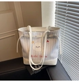 Blue and white striped canvas tote bag with cloud print and white leather straps - White Striped