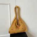 Yellow knit crochet tote bag with colorful faux pearls for summer beach vacations - Yellow