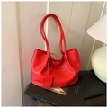 Chic bright red lychee texture tote bag with shoulder strap and leather pendant accessory - Red