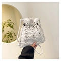 White crochet bucket bag with hollow wave texture and drawstring bead detail - Off White