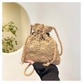 Handcrafted khaki crochet bucket bag with hollow knit patterns and drawstring closure - Khaki