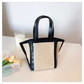 Minimalist straw and black leather patchwork tote bag with stylish top handles - Black