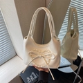 Creamy white faux leather tote bag with heart lace trim and bow knot detail - Off-white