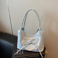 Light blue PU leather shoulder bag featuring heart lace trim and ribbon bow accents - Blue