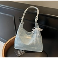 Detail of light blue sequined denim hobo bag with lace bow and silver rope handle - With Pendant Style / Sky Blue (With Charm)