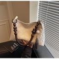 Elegant beige jacquard tote bag with golden patterns and dark wooden bead handle - Purple