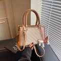 Mini beige woven handbag with brown leather strap and a pink pegasus charm detail - With Charm / Off White