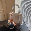 Silver woven texture tote bag with pink pegasus charm and chunky braided top handle - With Charm / Silver