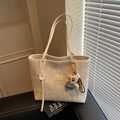 Beige woven canvas tote bag with leather patch and cute blue teddy bear pendant - Beige (With Charm)