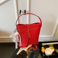 Red leather bucket bag with litchi texture, lace bow and pearl charm decoration - Red with Pendant
