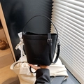 Black lychee leather bucket bag with pearl lace bow charm and crossbody strap - Black with Pendant