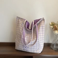 Purple and yellow checkerboard canvas tote bag with cartoon dog print and double straps - Purple