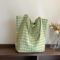 Minimalist green and white plaid canvas tote bag with a cute dog graphic for women - Green