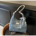 Blue denim hobo bag with silver metallic handle and pearl lace bow pendant accessory - With Pendant Style / Denim Blue (With Pendant)