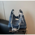 Denim blue tote with sequin accents, silver knot handles, and lace pearl bow charm - With Pendant Style / Royal Blue (With Charm)