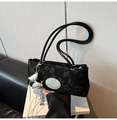 Solid black nylon underarm bag with floral texture and silver butterfly pendant accent - Black with Pendant