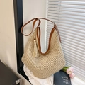 Beige woven straw tote bag with brown leather strap and tassel decoration - Off-white