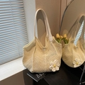 Borsa tote in paglia color crema con margherita per le vacanze estive sulla spiaggia - Bianco Sporco