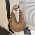 Brown woven shoulder tote bag with leather straps and bohemian tassel charm - Khaki