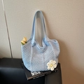 Light blue woven tote bag with 3D crochet flower detail and matching leather straps - Blue