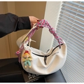 White crescent shoulder bag with colorful knotted rope handle and cartoon doll pendant - With Charm / Off-white