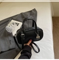 Black pebbled leather mini boston bag with silver lock and adjustable shoulder strap - Black
