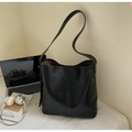 Minimalist black faux leather tote bag with vertical stitching for daily fashion commuting - Black