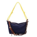 Borsa a mano in nylon blu scuro con corda gialla e tracolla in pelle marrone - Blu