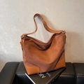 Retro large capacity tote bag in dark brown suede and orange leather splicing - Brown