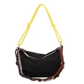 Borsa a spalla in nylon nero con manico in corda gialla e tracolla in pelle - Nero