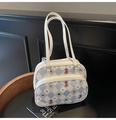 Detail of white shoulder bag featuring blue lattice print and cute bear embroidery - Argyle