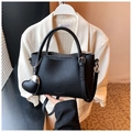 Minimalist black lychee pattern leather tote bag with heart charm and shoulder strap - With Charm / Black