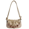 Minimalist cream pleated cloud bag in PU leather with decorative marble beaded chain strap - Yellow