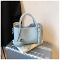 Light blue lychee pattern leather tote bag with silver heart charm and adjustable strap - With Charm / Blue