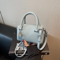 Light blue lychee grain leather mini Boston bag with silver padlock and crossbody strap - Blue