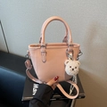 Light pink litchi grain handbag with metal buckle and cute white bear keychain - Pink with Pendant