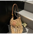 Handmade macrame shoulder bag in beige with long fringes and wooden bead details - Khaki