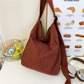 Large dark brown pleated canvas crossbody bag with wide strap for daily commute - Brick Red