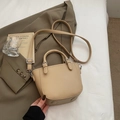 Chic beige lychee grain leather bucket bag with top handle and crossbody strap - Khaki (No Pendant)