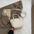 Creamy white lychee grain leather mini bucket bag with cylindrical handles and strap - Rice White (No Pendant)
