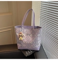 Purple geometric tote bag with floral embroidery, bow metal buckle and cartoon charm - Purple With Pendant