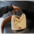 Cream hand-woven crossbody straw bag with leather strap and a cute cartoon doll charm - Cream White With Pendant