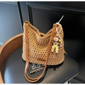 Handwoven straw shoulder bag in khaki with leather strap and cute doll pendant - Khaki With Pendant