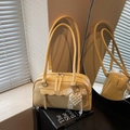 Bright yellow pillow bag in glossy PU leather with pearl and heart pendant - Yellow with Pendant