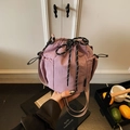 Chic lavender drawstring bucket bag with side mesh pocket and stylish woven strap - Purple