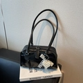 Elegant black glossy leather Boston bag with pearl lace heart pendant for women - Black with Pendant