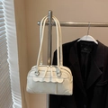 Creamy white Boston pillow bag with wavy trim and metallic rivets for women - Rice White (No Pendant)